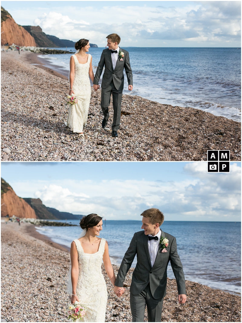 "smiling-wedding-couple-on-the-beach-in-Devon"