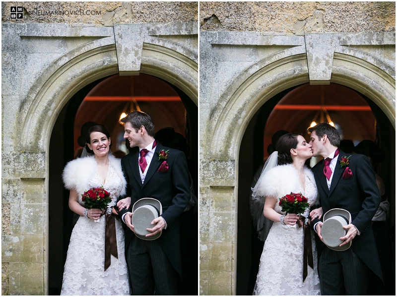 "bride-and-groom-kissing-outside-St-Nicholas-Parish-Church-Wasing-Park"