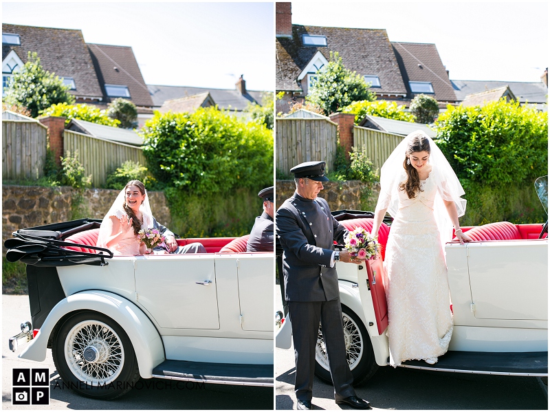 "bride-arriving-at-church-in-a-vintage-car"