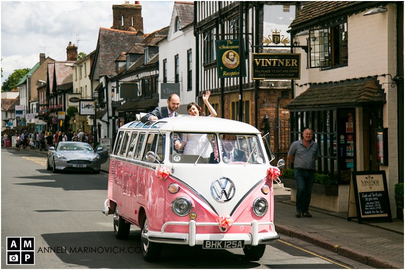 "bride-and-groom-in-pink-VW-van"