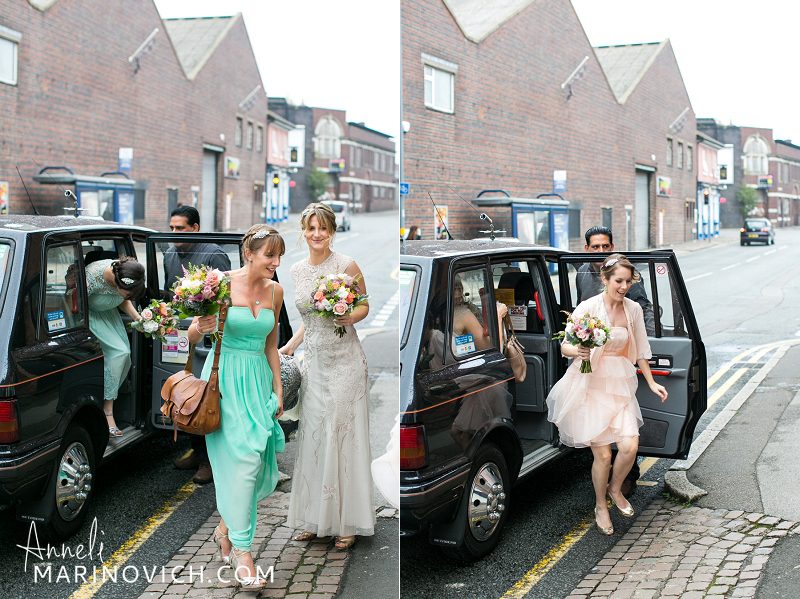 "Contemporary-bridesmaids-ariving-at-Fazeley-Studios-Wedding"