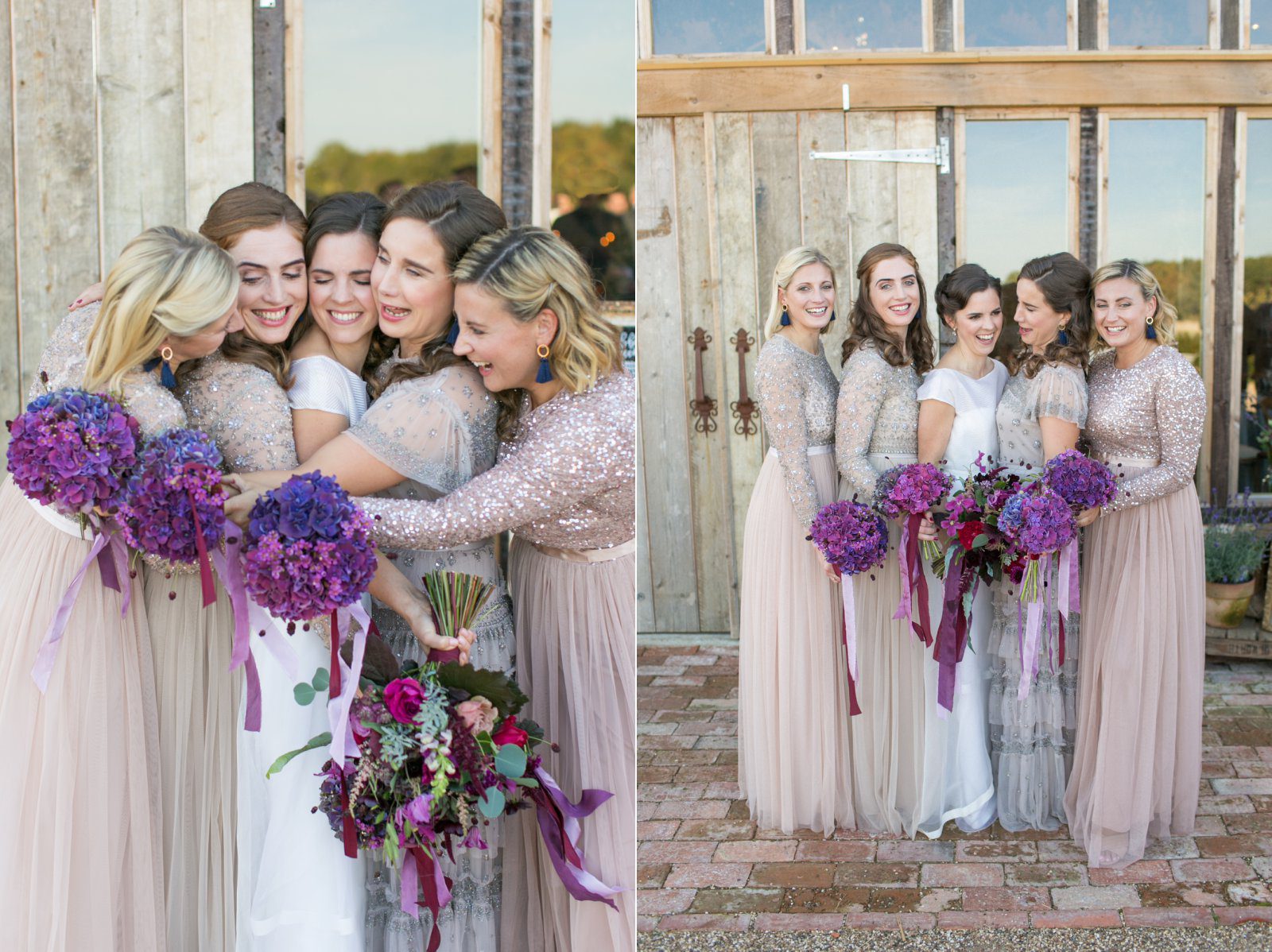 Relaxed bride with her bridesmaids dancing around at High Billinghurst Farm