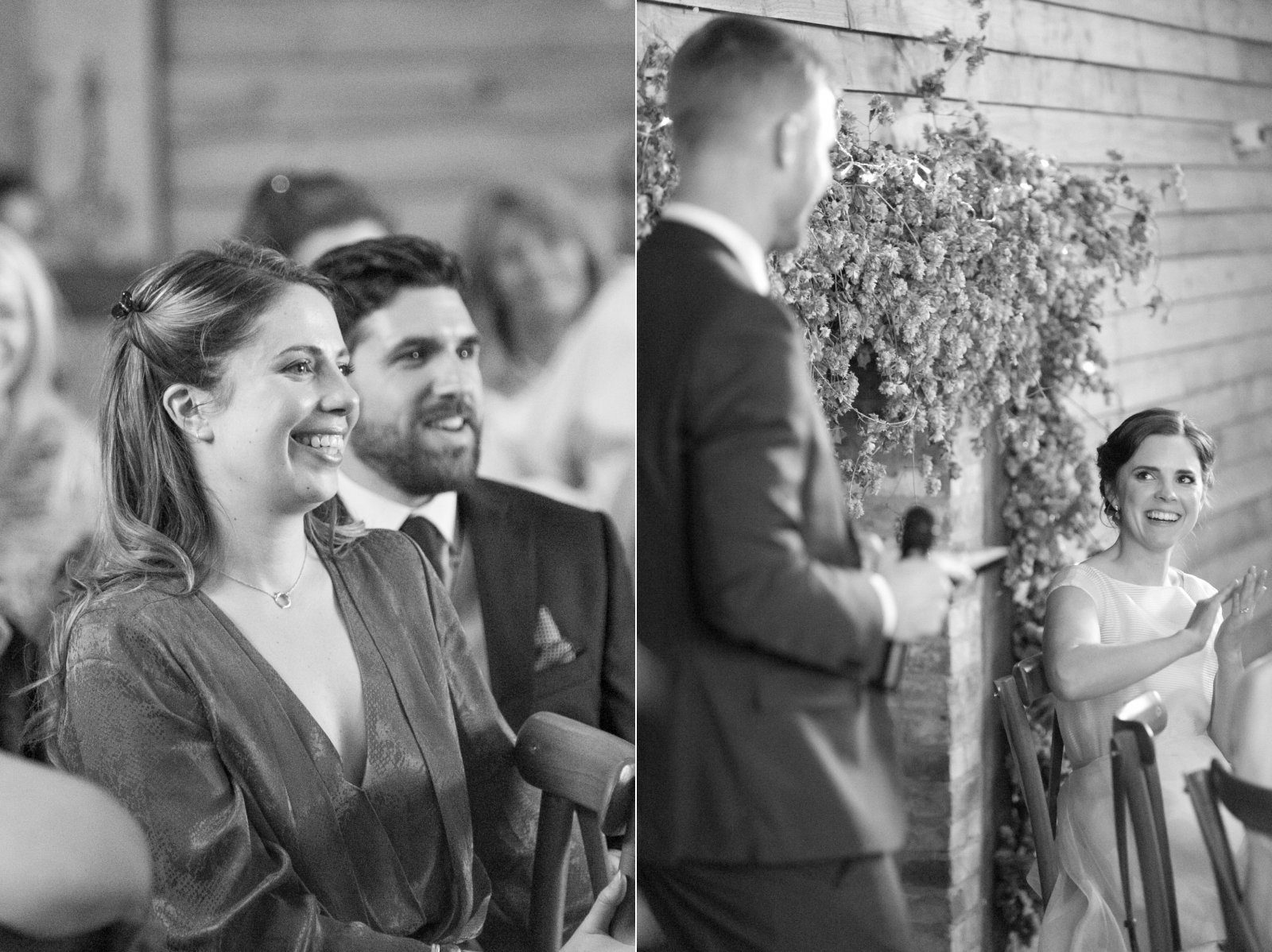 Candid photos of guests listening to wedding speeches at High Billinghurst Farm