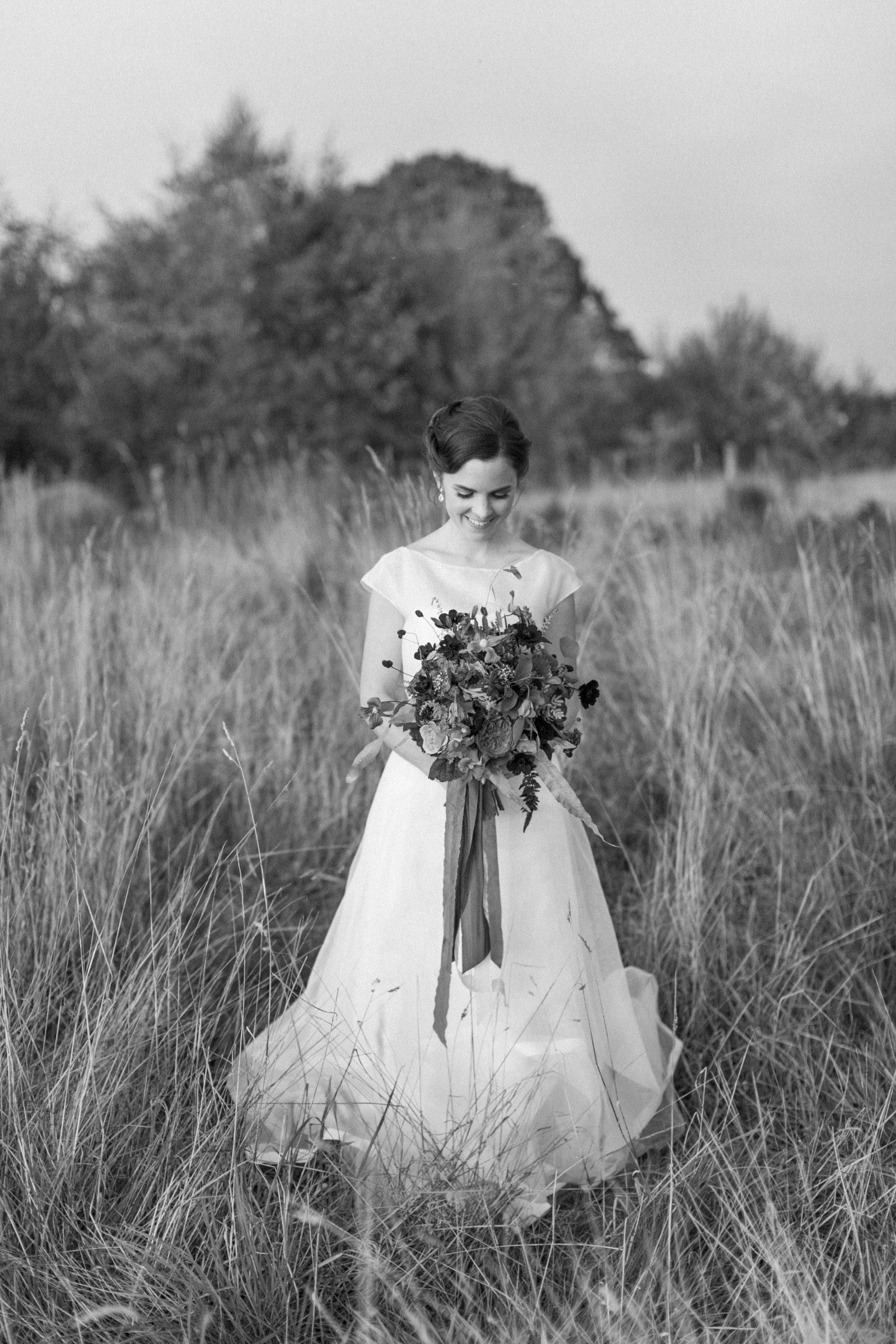 Black and white portrait of a bride at sunset in Surrey