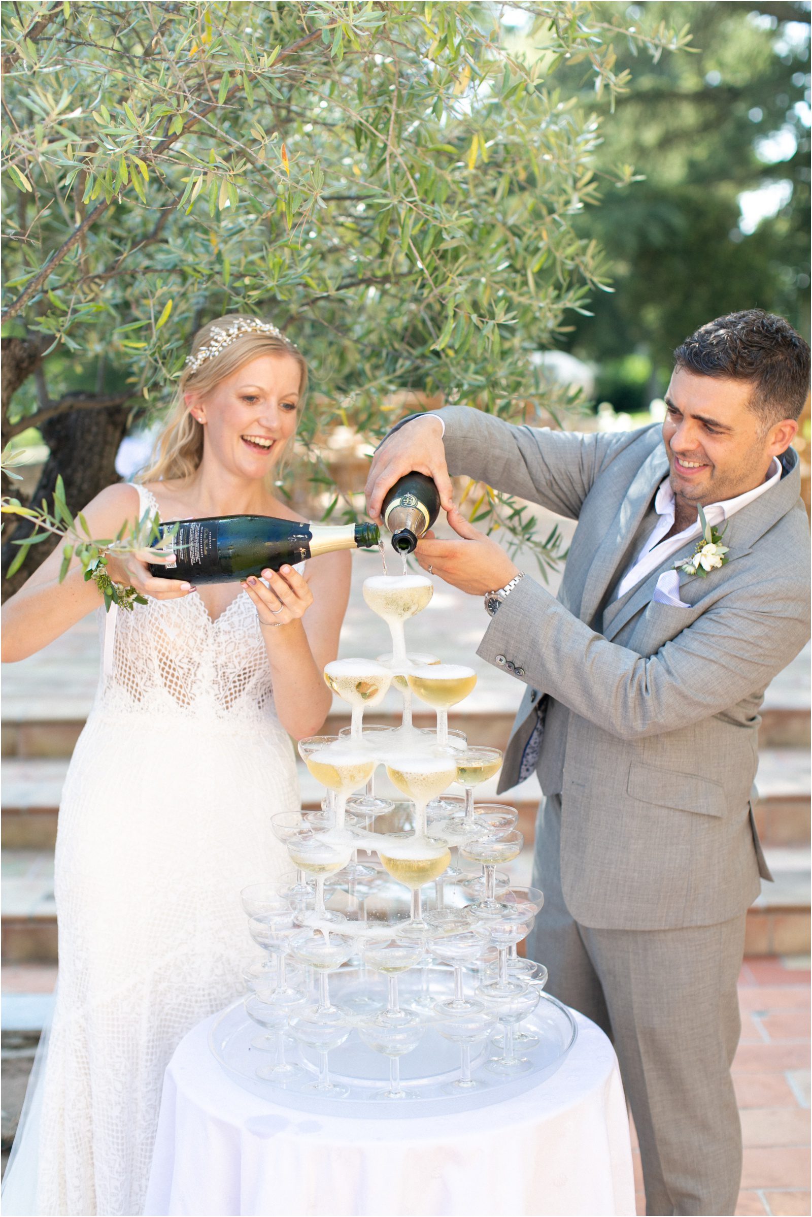 Wedding champagne tower at a Provence wedding