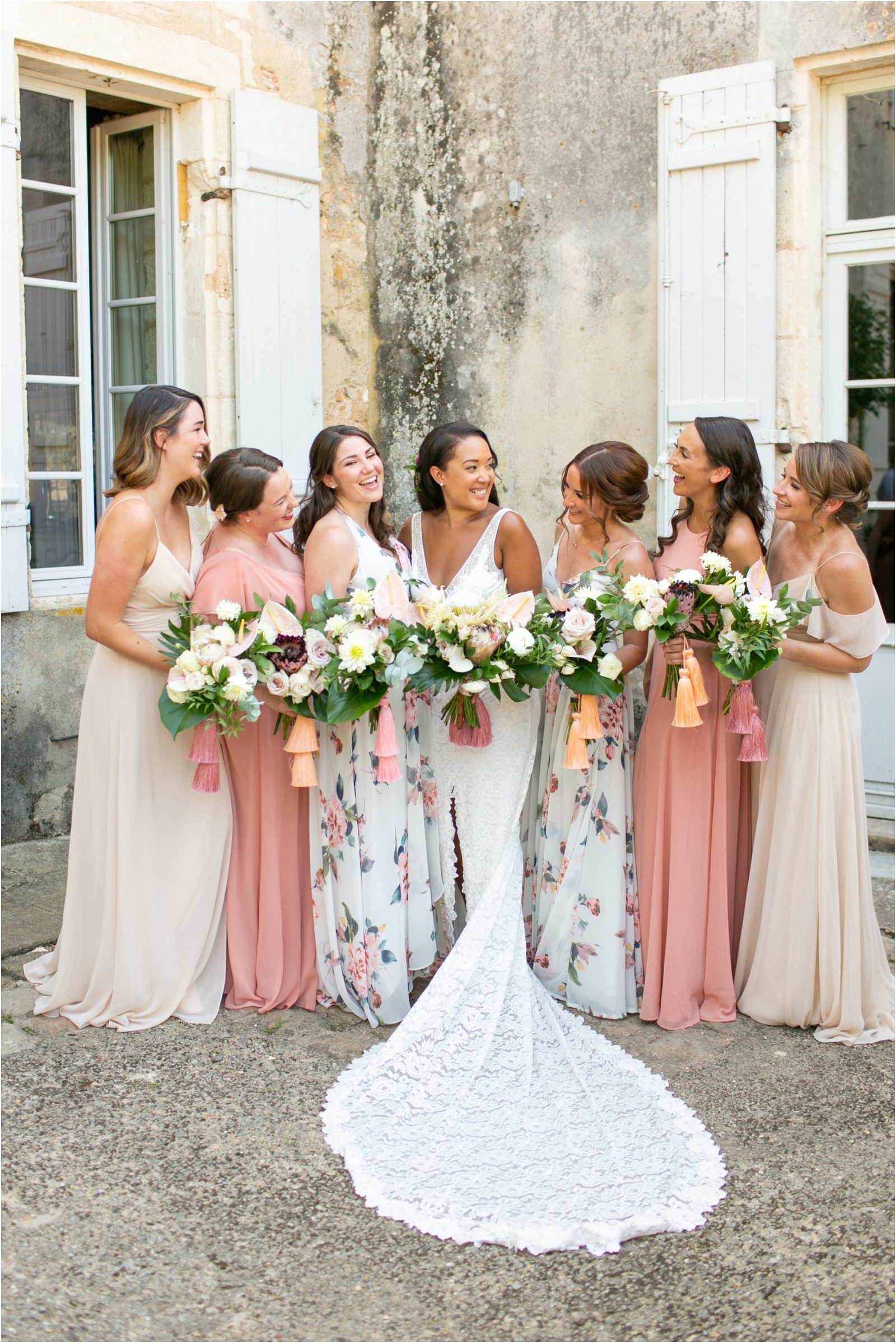 Jenny Yoo floral bridesmaids dresses for a French wedding