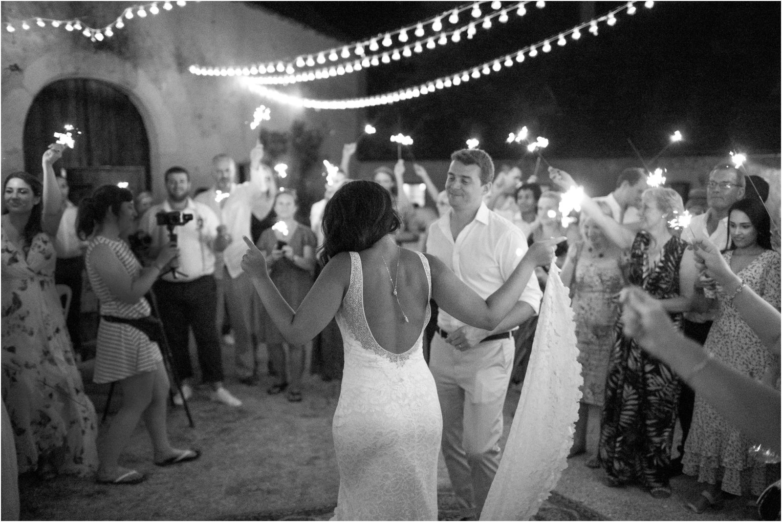 French wedding outdoor first dance with festoon lighting